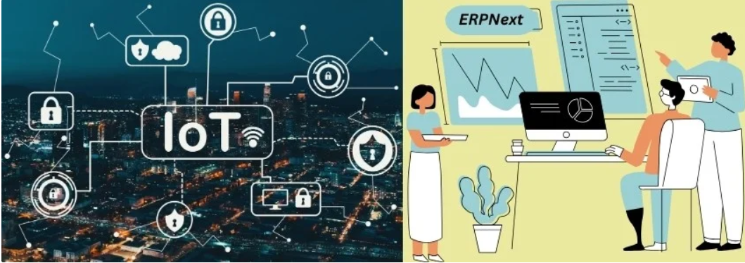 Technical illustration of an IoT gateway connecting industrial sensors to the ERPNext cloud interface.