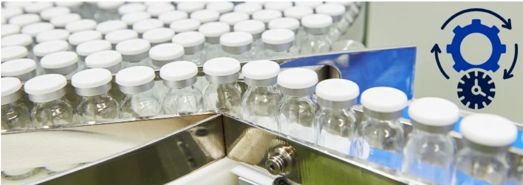 Pharma production line equipment undergoing a rapid SMED changeover process.