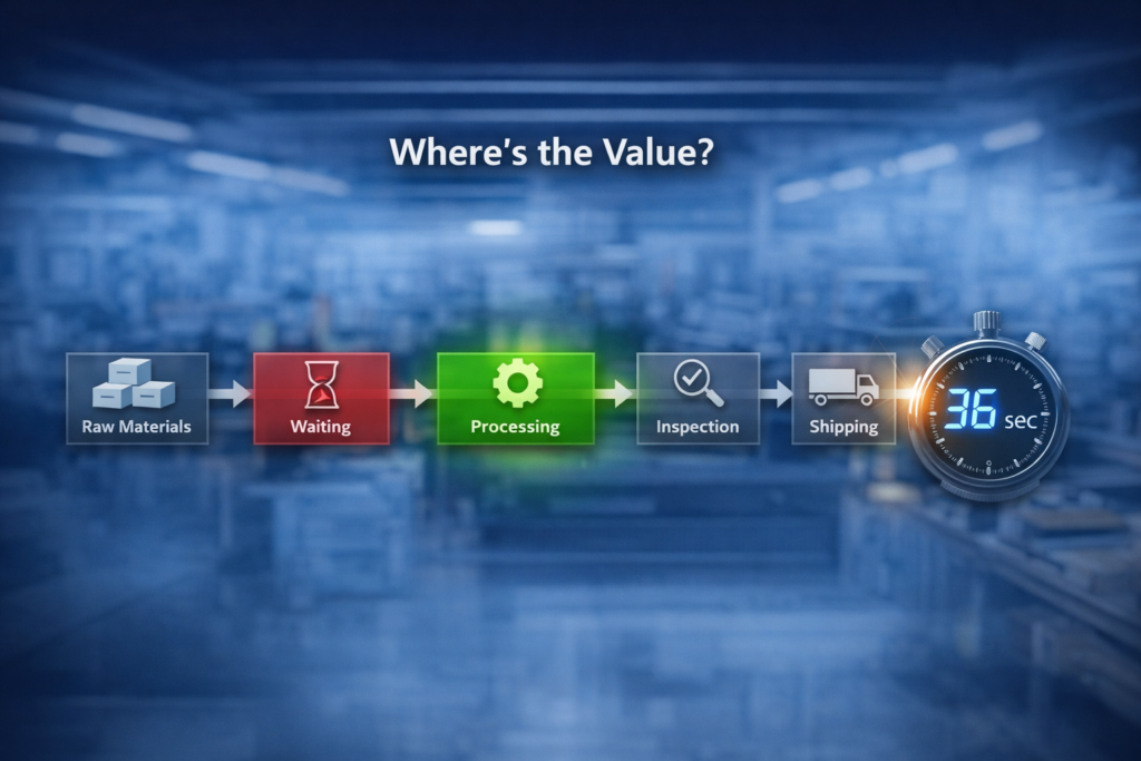 Value stream mapping flowchart showing takt time of 36 seconds and waste identification.