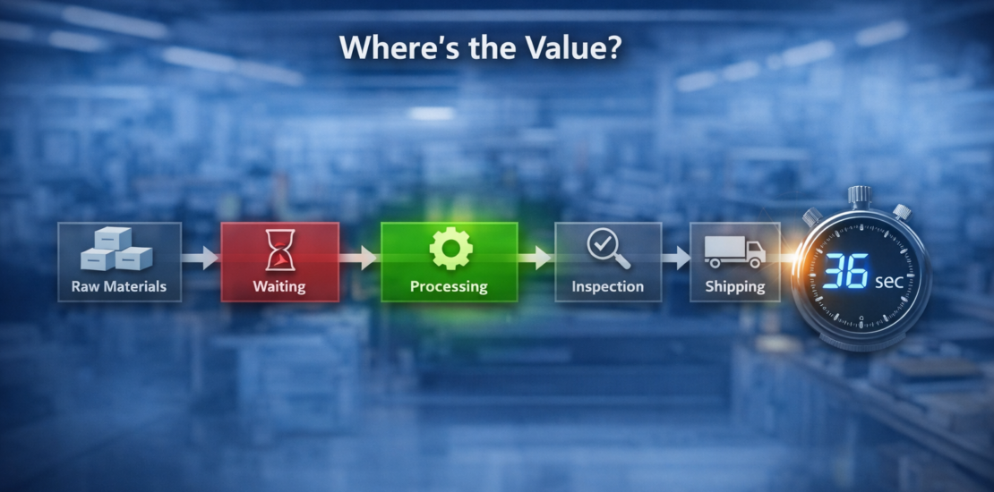 Value stream mapping flowchart showing takt time of 36 seconds and waste identification.