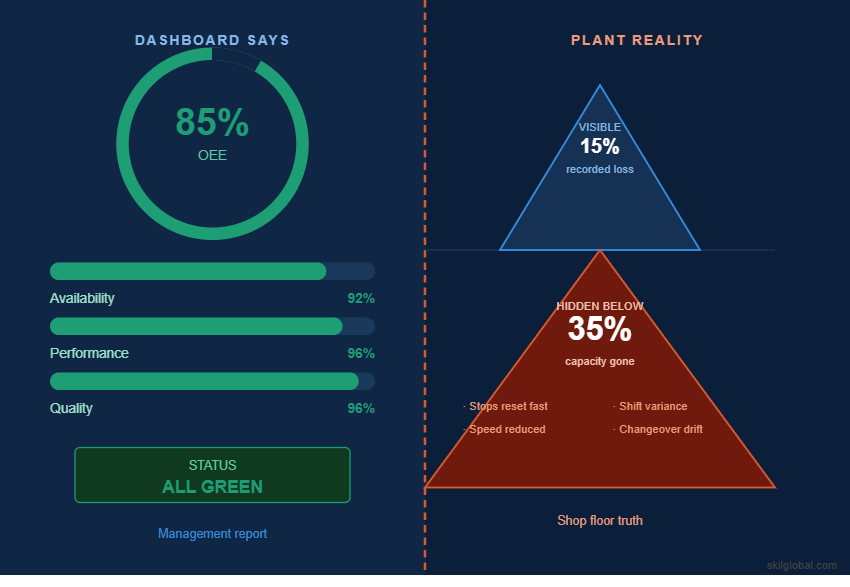 Infographic comparing a 'Green' 85% OEE management report to the shop floor truth where 35% of capacity is hidden due to fast-reset stops and shift variance.