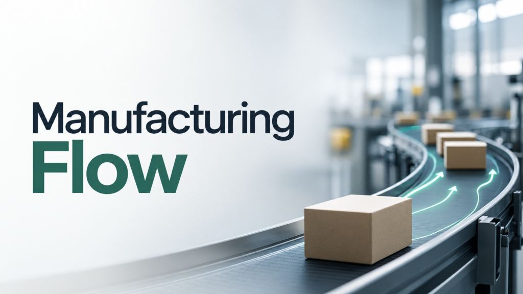 Manufacturing flow improvement concept showing a factory conveyor system with boxes moving along a streamlined production flow, highlighting efficient throughput and process flow.