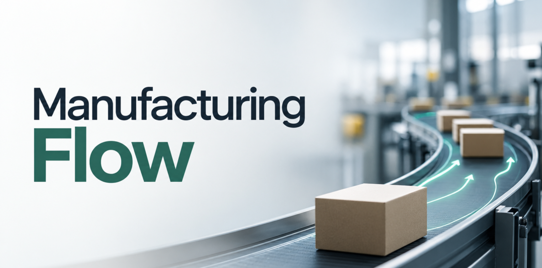 Manufacturing flow improvement concept showing a factory conveyor system with boxes moving along a streamlined production flow, highlighting efficient throughput and process flow.