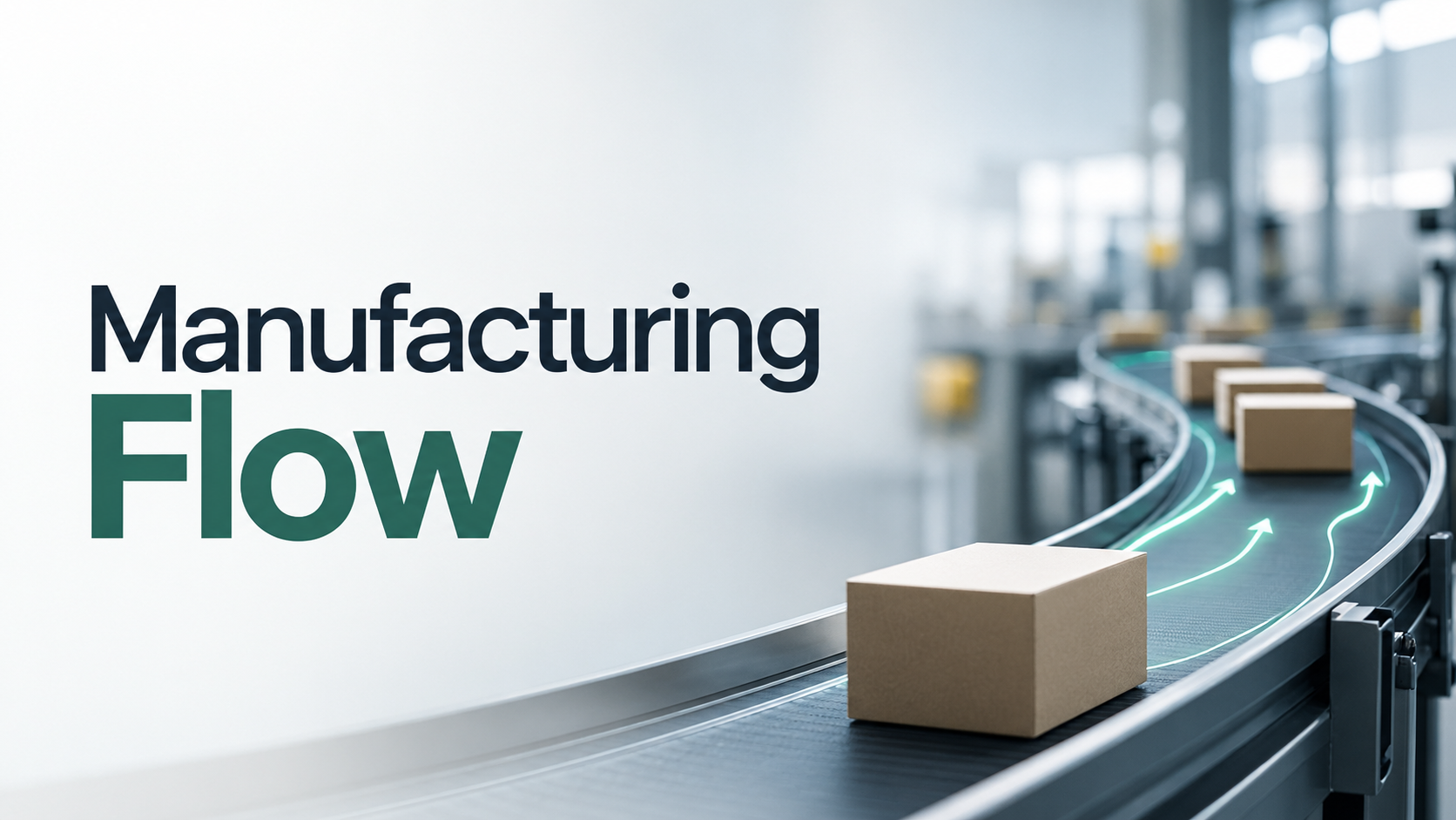 Manufacturing flow improvement concept showing a factory conveyor system with boxes moving along a streamlined production flow, highlighting efficient throughput and process flow.