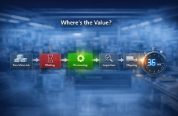 Value stream mapping flowchart showing takt time of 36 seconds and waste identification.